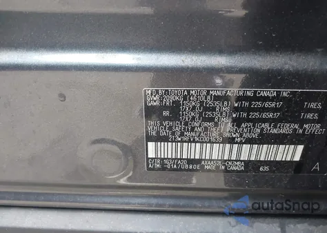 2019 Toyota Rav4 Xle из США, поврежденный, VIN 2T3W1RFV1KC001639